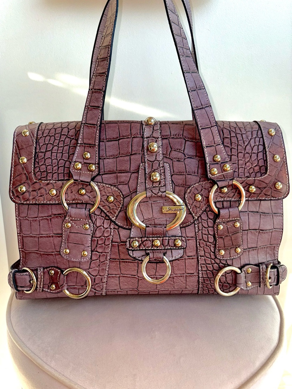 Vintage Y2K Guess Croc Embossed Shoulder Bag Gold Studded G Logo Mauve Brown